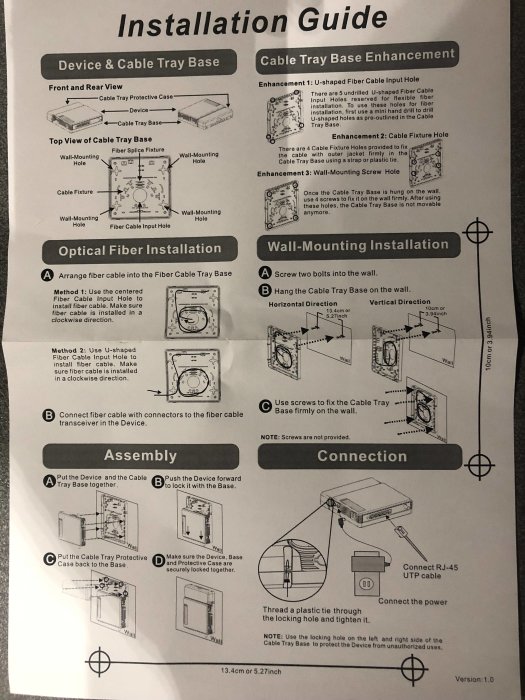 Instruktionsguide för installation av kabelsteg och enhet med illustrerade steg för montering och kabelförbindelser.