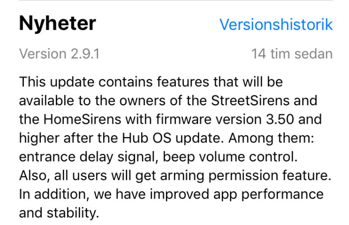 Skärmdump av uppdateringsanteckningar för en app med version 2.9.1 och nya funktioner beskrivna.