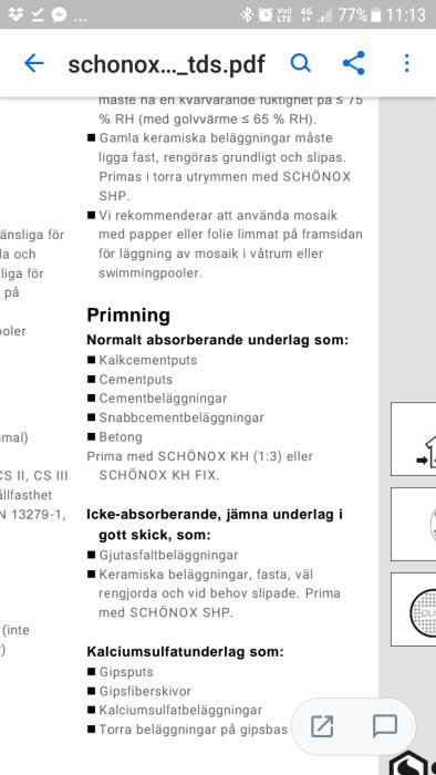 Skärmdump av en PDF-instruktionsfil med text om primning på underlag som kalkcementputs och betong.