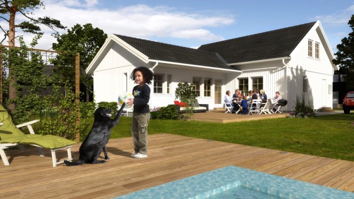 Vit vinkelbyggnad med en familj som umgås på verandan och ett barn som leker med en hund på trädäcket.