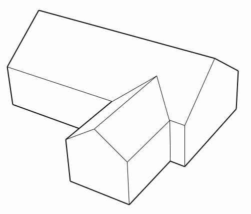 Skiss av hus med vinkeltillbyggnad för att illustrera byggnadshöjd och taklutning.