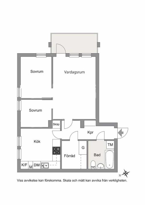 Skiss av lägenhetslayout med sovrum, vardagsrum, kök, badrum och förvaringsutrymmen.