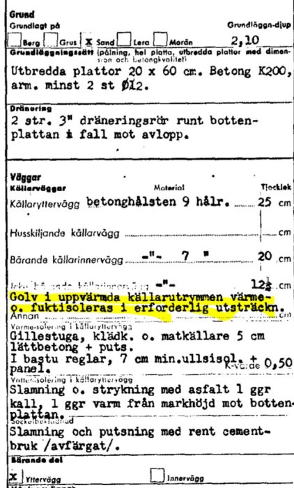 Del av teknisk beskrivning från 1967, text om isolering av golv i källare med markerad passus.