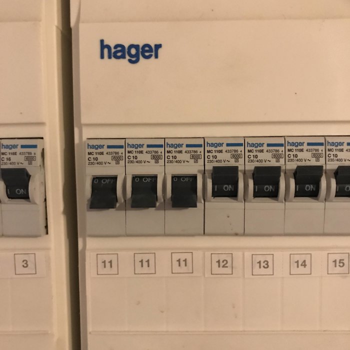 Elcentral med säkringar från Hager, etiketterade säkringar i off-position.