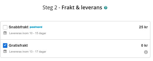 Skärmdump av fraktval med "Snabbfrakt" 10-15 dagar för 25 kr och markerad "Gratisfrakt" 13-17 dagar.