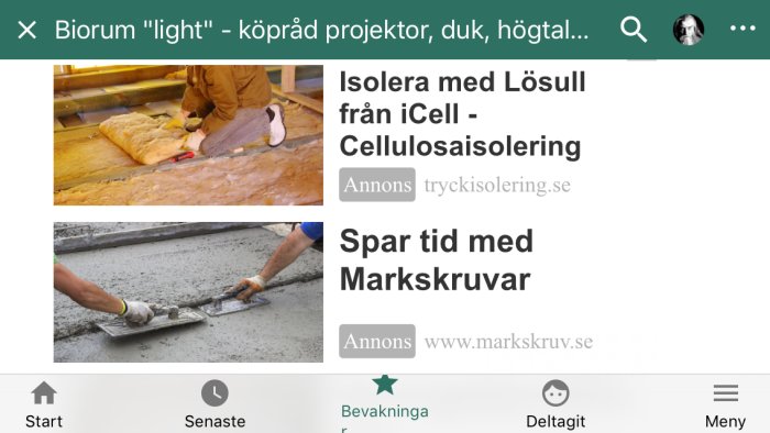 Skärmdump av forumtråd med två bilder, översta bilden visar isolering av vind med lösull, nedre bilden visar gjutning av betong.