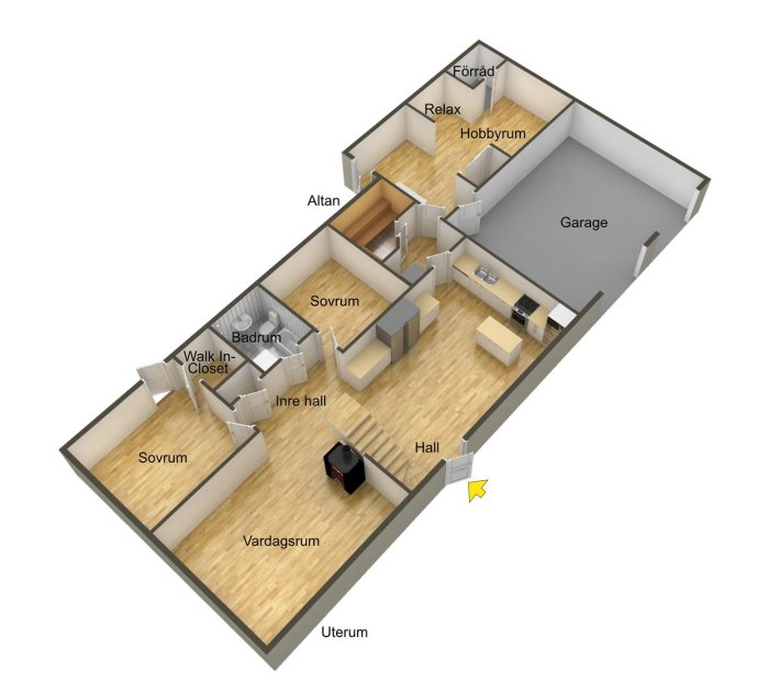 3D-planritning av ett Älvsbyhus i ett och ett halvt plan med inredning och etiketterade rum.