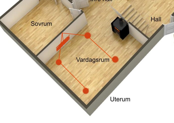 3D-ritning av en husplan som visar vardagsrum, sovrum, hall och uterum med planerade renoveringspunkter markerade.