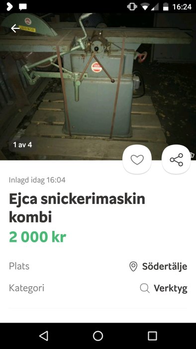 Begagnad Ejca snickerimaskin kombi (rikthyvel) i verkstadslokal, till salu för 2000 kr.