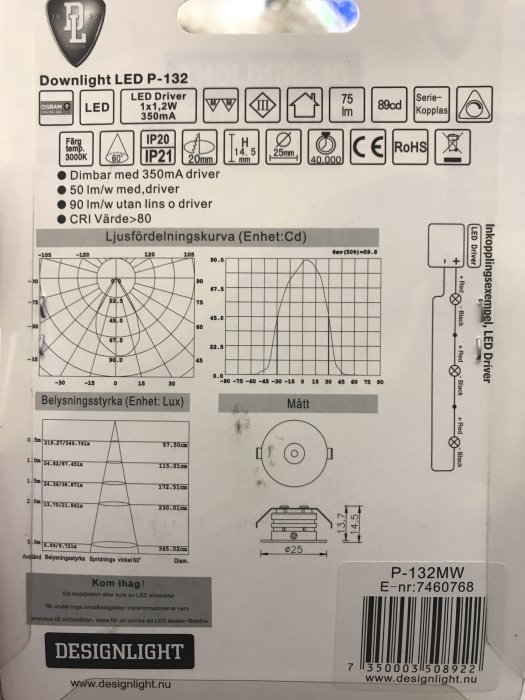 Specifikationsetikett för Downlight LED P-132 med diagram för ljusfördelning och drivdonets mått.