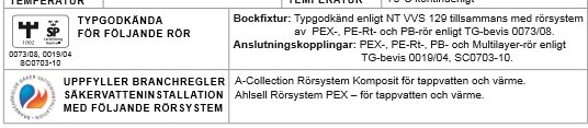 Utdrag ur en monteringsanvisning som beskriver typgodkända rörsystem och bockfixturer för säkervatteninstallationer.