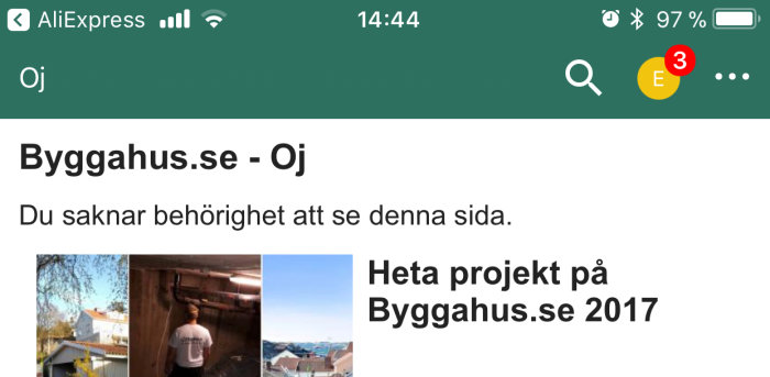 Skärmdump av mobiltelefon som visar meddelande om saknad behörighet på Byggahus.se webbsida.