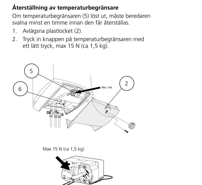 Illustration av återställningsprocess för temperaturbegränsare på en NIBE EMINENT varmvattenberedare.