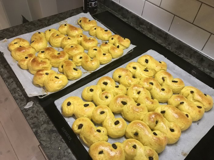 Nybakade saffransbullar i form av lussekatter, uppdukade på köksbänken.