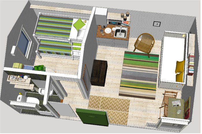 3D-ritning av ett hus med öppen planlösning upp till nock, inklusive kök, sovrum och vardagsrum.