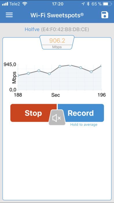 Skärmdump av Wi-Fi analys app visar hastighetstest med 906.2 Mbps resultat.