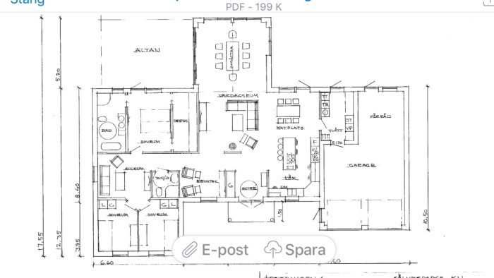 Ritning över husplan med markerat avloppssystem från vägen under husgrunden.