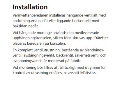 Skärmdump ur installationsinstruktion för varmvattenberedare med text om montering.