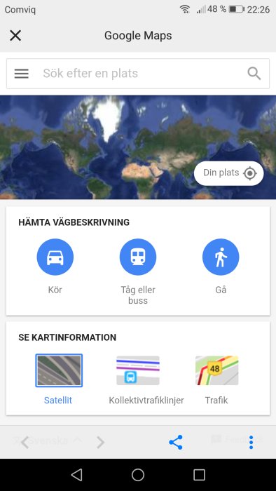 Skärmdump av Google Maps app med alternativ för vägbeskrivning och kartinformation.