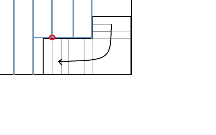 En enkel ritning som visar en trappa med bjälklag, en markerad gul stolpe vid en röd cirkel och en pil.