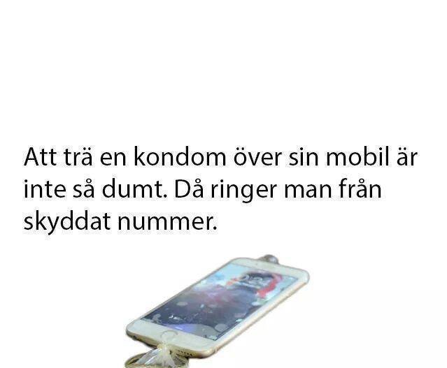 Smarttelefon täckt av en kondom, humoristisk text om att ringa från skyddat nummer.