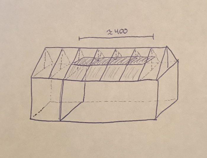 Handritad skiss av garage med takstolar, planerad förändring för högre innertak markerad.