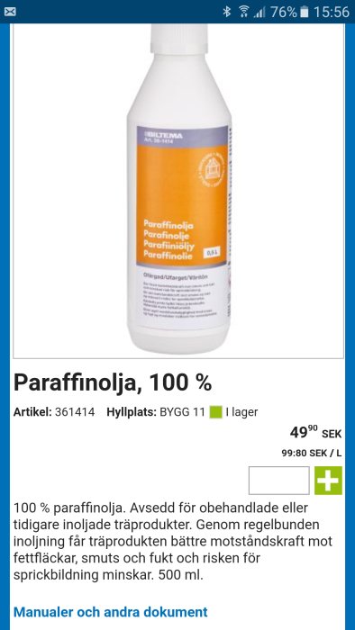 Flaska med 100% paraffinolja avsedd för träprodukter.