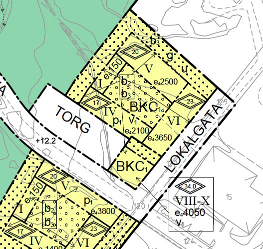 Detaljplan över Arninge i Täby kommun som visar områden markerade som "TORG" och "LOKALGATA" med måttangivelser.