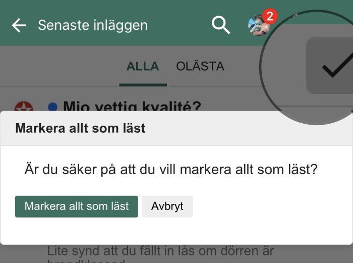 Skärmbild av forumfunktionen för att markera inlägg som lästa med en dialogruta som frågar om användaren är säker.