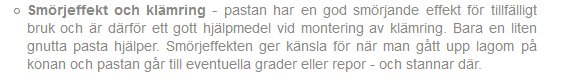 Skärmdump av text från en diskussionstråd som diskuterar användning av smörjeffekt och klämring vid montering.