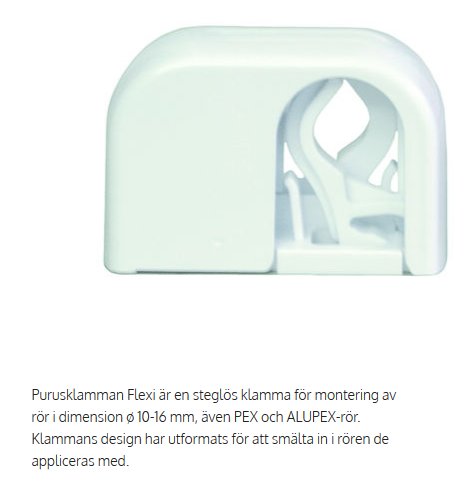 Purusklamman Flexi, steglös rörklamma för rör 10-16 mm, lämplig för PEX och ALUPEX-rör.