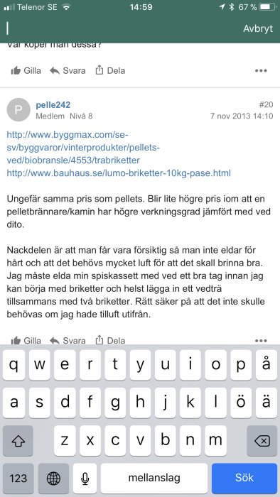 Skärmdump av ett diskussionsforum med inlägget öppet och en virtuellt tangentbord synligt.