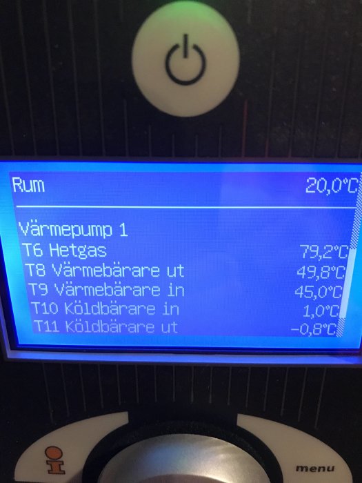 Display av värmepump med temperaturvärden för kretsar, inklusive köldbärare in och ut.