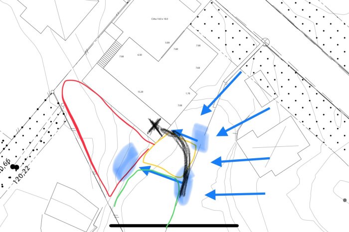 Schematisk bild av en tomt med markeringar för dagvattenanslutning och planerat dräneringsrör längs svart linje.