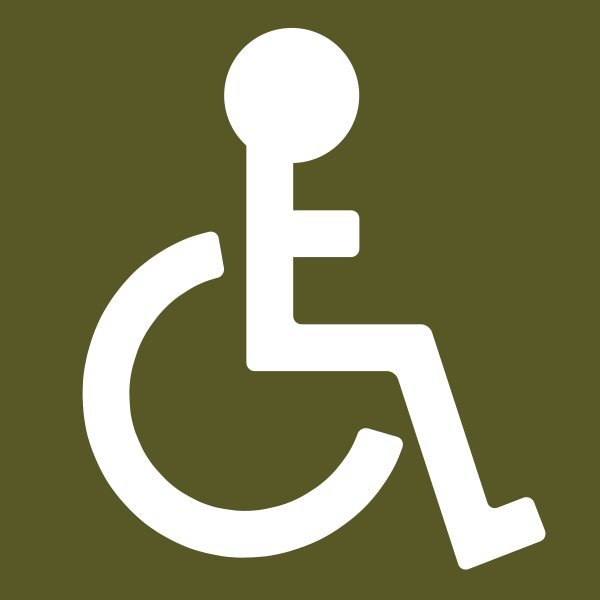 Symbol för tillgänglighet med en vit ikon av en person i rullstol på en olivgrön bakgrund.