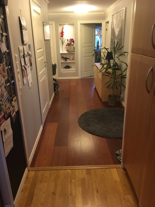 Hall före renovering med trägolv, skåp, hyllan med spånskiva, och en öppen ytterdörr.