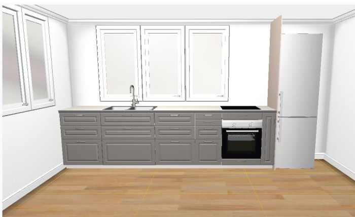 3D-rendering av ett modernt kök med grå skåp, ugn, diskho, granitskiva och kylskåp mot en vit vägg.