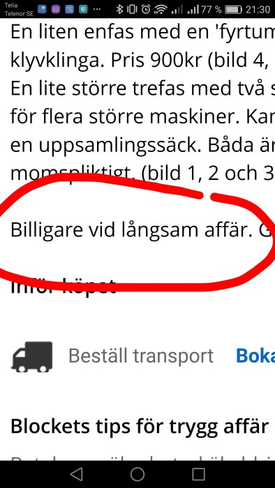 Skärmdump av webbannons med texten "Billigare vid långsam affär" markerad.