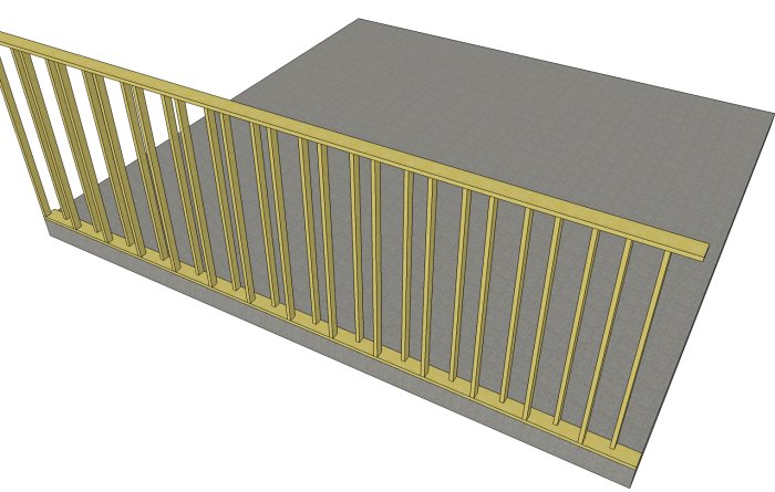 3D-modell av en väggkonstruktion för varmgarage med två rader reglar för att minimera köldbryggor.