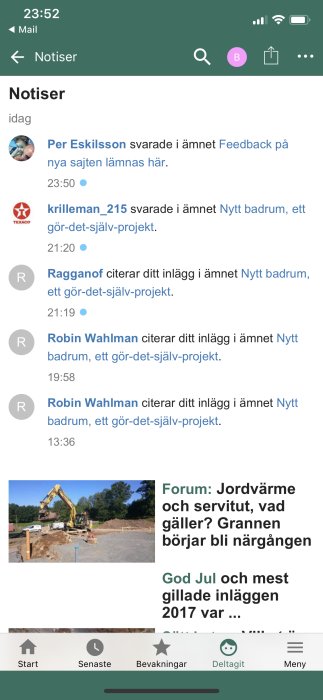 Skärmdump av notiser på ett diskussionsforum med missade notifikationer och svar i olika trådar.