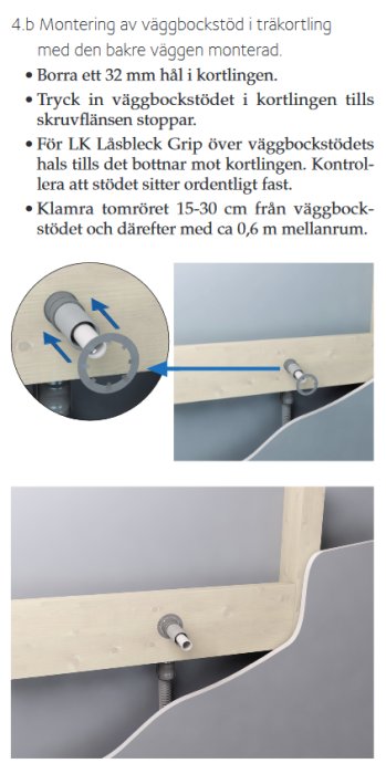 Instruktioner för montering av väggbockstöd i träkortling med bilder på borrat 32 mm hål och monterade låsbleck.