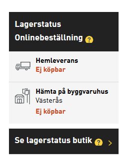 Lagerstatus med alternativ: onlinebeställning, hemleverans ej köpbar, hämtning i Västerås ej köpbar.