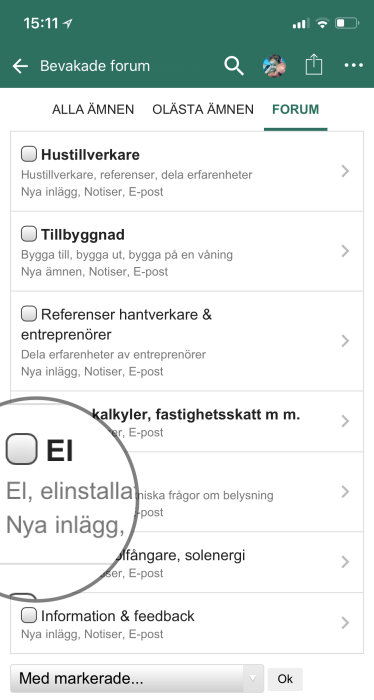 Skärmdump av diskussionsforum med fokus på bevakningslista för nya inlägg inom bygg och renovering.