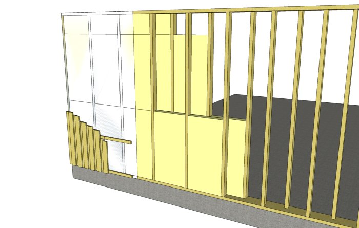 3D-illustration av en väggstomme med stående reglar, isolering, och vindduk.