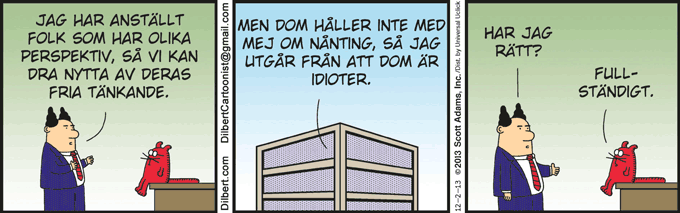 Tecknad serie med 3 rutor där en chef talar om olika perspektiv medan ett rött djur instämmer.