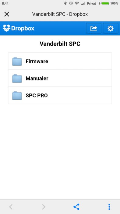 Skärmdump av en mobiltelefon som visar Dropbox-mappar med namnen "Firmware", "Manualer" och "SPC PRO".