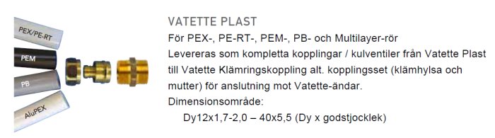 Diagram som visar olika typer av Vatette Plast rörkopplingar och dimensioner för anslutning av PEX-, PEM- och andra rörtyper.