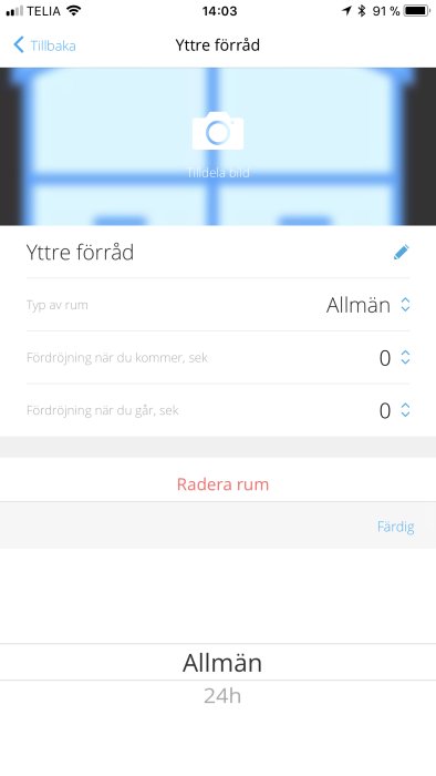Skärmdump av säkerhetssysteminställningar med 24-timmars larm för utrymme märkt "Yttre förråd".