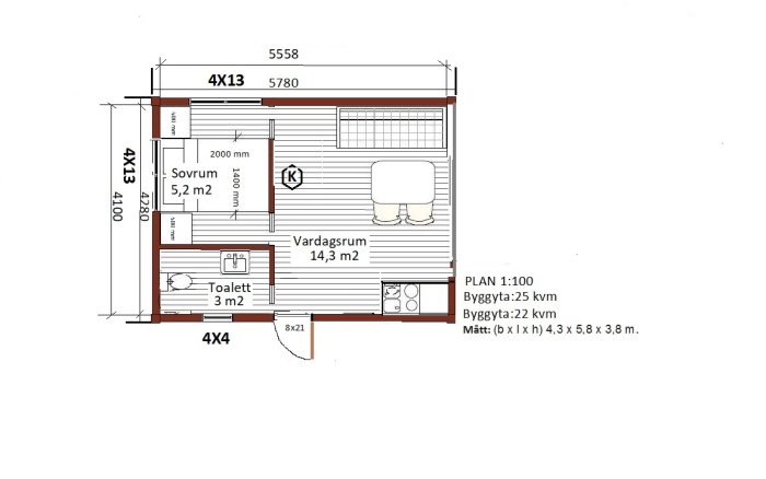 Ritning av ett litet hus på 25 kvm med dimensioner, planlösning inklusive vardagsrum, sovrum och toalett.