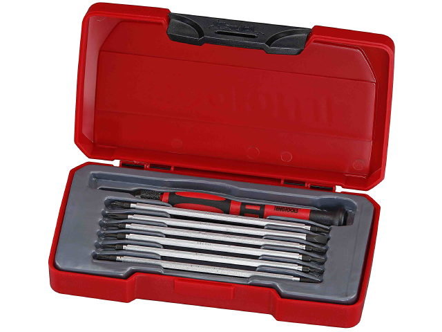 Röd och grå Teng Tools verktygssats med öppet lock och olika storlekar av skiftnycklar inuti.